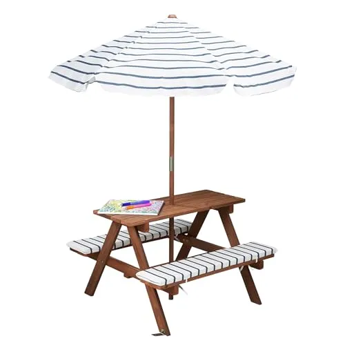 Holz-Picknicktisch für Kinder mit Sonnenschirm - 75 x 75 cm - Robuste Holz-Picknicktischgarnitur für Kinder ab 2 Jahren, ideal für den Außenbereich. Inklusive Sonnenschirm und Sitzpolster für mehr Komfort. Perfekt zum Spielen und Essen im Freien.