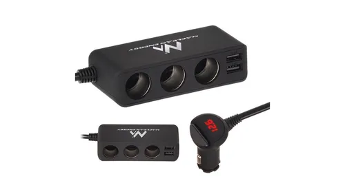 Rozdzielacz gniazda zapalniczki samochodowej czarny gumowany, woltomierz, 3 gnia