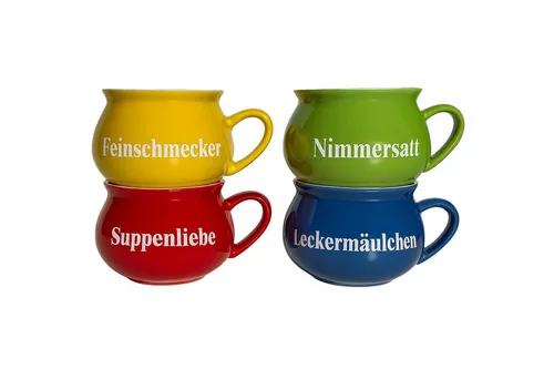BURI Suppentassen 4er-Set aus Keramik | Bunte Henkel-Schüsseln mit Sprüchen - 4-teiliges Suppenschalen-Set aus robuster Keramik mit humorvollen Sprüchen. Spülmaschinenfest, mikrowellengeeignet und ideal für Suppen, Snacks oder Desserts – bringt mediterranen Flair und gute Laune auf den Tisch!