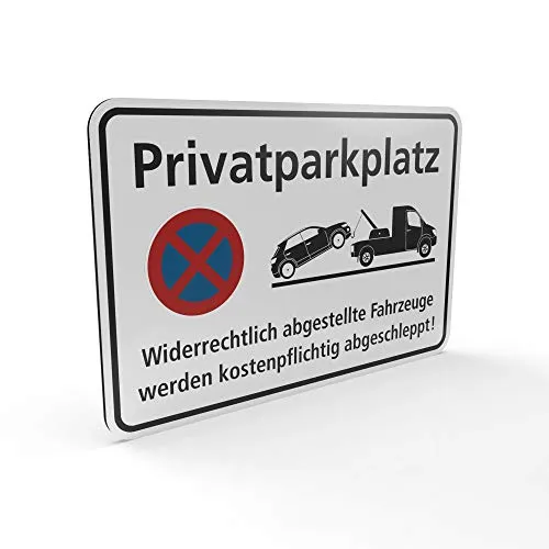 Betriebsausstattung24® Halteverbotsschild Privatparkplatz - Widerrechtlich abgestellte Fahrzeuge werden kostenpflichtig abgeschleppt! | Querformat 30,0 x 20,0 cm | 2mm | Aluminium Verbundplatte | Weiß