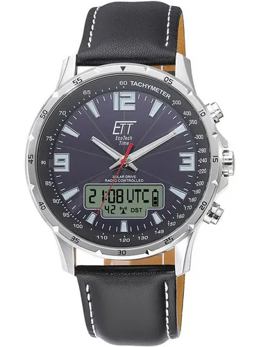 Eco Tech Time Solar Drive Funk Professional EGS-11550-21L Herrenfunkuhr - Schwarz - Herrenuhren mit Solarantrieb, funk- und wasserdicht bis 10 bar, ewiger Kalender und Stoppuhr für präzise Zeitmessung.