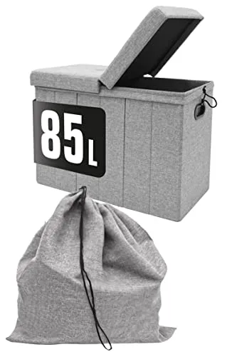 DuneDesign 85 Liter Wäschekorb mit Deckel - Faltbarer Laundry Organizer & Sitzbank - Faltbarer Wäschekorb mit 85 Litern, edel im Leinen Look und multifunktional als Sitzbank nutzbar. Ideal für Bad, Kinderzimmer oder Flur – robust bis 250 kg!