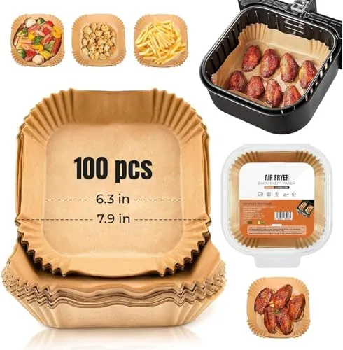 Roe Tenpo Backpapier für Heißluftfritteuse, 16 cm (6,3 Zoll), 100 Stück, Quadrat, Antihaftbeschichtete Backpapier-Einlagen, Kompatibel Mit Ninja, Tower und Anderen Dual-Zone-Heißluftfritteusen