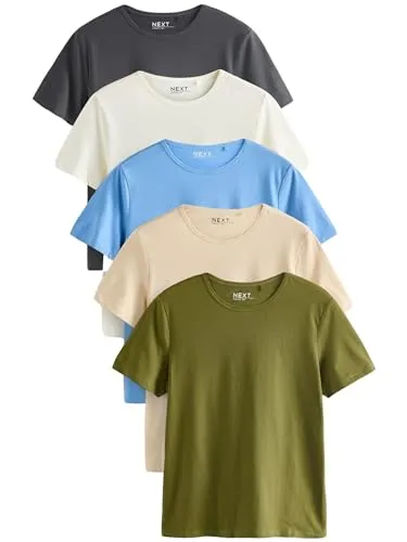 NEXT Damen T-Shirt mit Rundhalsausschnitt und hohem Baumwollanteil, 5er-Pack Blue/Grey/Ecru/Green/Neutral M