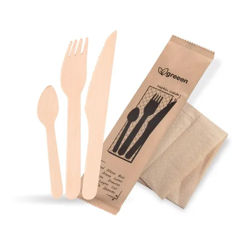 VEPATIM 500 Einweg Bestecksets aus Holz kompostierbar 4-teilig Gabel Messer Kaffeelöffel Serviette hygienisch verpackt 50 Sets