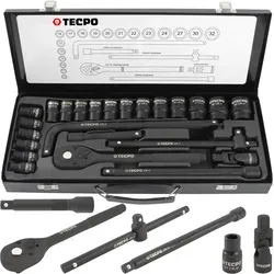 TECPO 1/2 Zoll Kraft-Steckschlüssel-Satz – 24-teiliges Nuss-Set für Hand- und Schlagschrauber - Vielseitiges Werkzeug-Set für jede Werkstatt: Robuster 1/2 Zoll Steckschlüssel-Satz aus Chrom-Vanadium-Stahl, ideal für professionelle Anwendungen mit umfangreichem Zubehör und praktischem Metallkoffer.