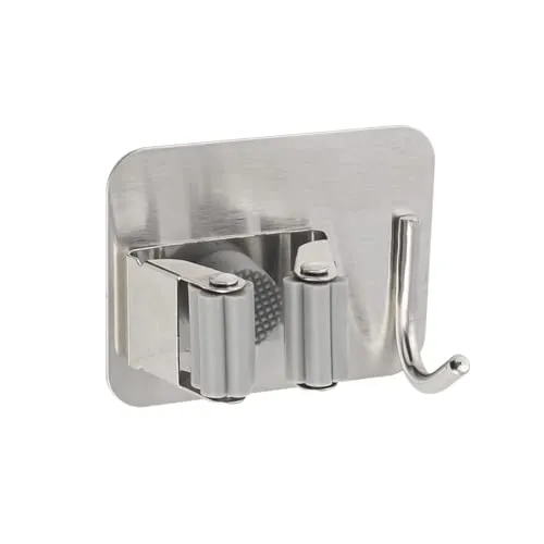 Gedotec Besenhalterung Wand selbstklebend | 1 Stück Putzschrank organizer aus Edelstahl | mit 1 Halter und 1 Haken | Besen-, Mop-, Werkzeughalter | Werkzeug wandhalterung, Gartengerätehalter