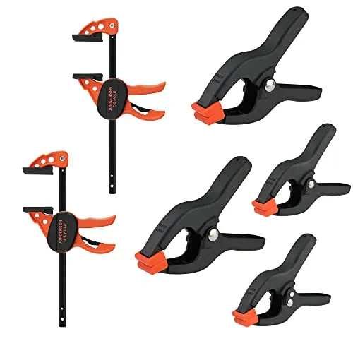 JORGENSEN profi Einhandzwinge und Federzwinge Set 6tlg. mit 2 Schraubzwingen(Spannweite 103mm, Dehnbereich 185mm), 4 Federklemmen(Maulweite 25mm/50mm), für Holzbearbeitung