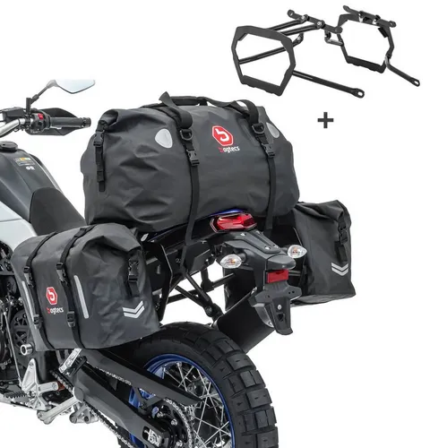 Bagtecs Kofferset Satteltaschen Set WP8 für KTM 1290 Super Adventure R/S/T 17-20 - Trolley-Sets mit 60L Gesamtvolumen, wasserundurchlässigen Tarpaulin-Taschen und reflektierenden Elementen für optimale Sichtbarkeit bei jeder Fahrt.