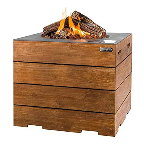 Happy Cocooning Mania Lounge & Dining Feuertisch Teakholz/Grau Quadratisch - Eleganter Feuerschalentisch aus hochwertigem Teakholz mit grauen Akzenten, ideal für gesellige Abende im Freien. Perfekt für Lounge- und Essbereiche.