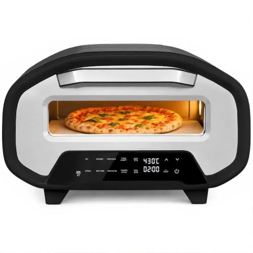 HOMCOM Pizzaofen Elektrisch 430 ℃ mit Pizzastein aus Keramik, 8 Programmen | LCD-Anzeige 2200W Backofen mit Timer, Sichtfenster & Innenbeleuchtung