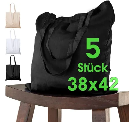Stück Baumwolltasche 38 x 42 cm SCHWARZ unbedruckt lange Henkel Stofftasche Tragetasche Umhängebeutel Baumwollbeutel Jutebeutel ÖKO-TEX® Stoffbeutel Einkaufsbeutel Einkaufstasche leinentasche 5