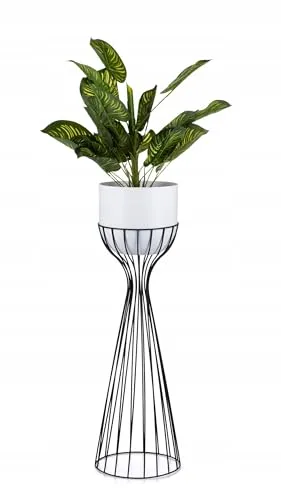 HowHomely Moderne Blumenständer Metall 68 cm Hoch mit Weiß Blumentopf Rund 18 cm Ø auf Robuste Schwarz Ständer - Pflanzenständer zur Dekoration Innenräumen