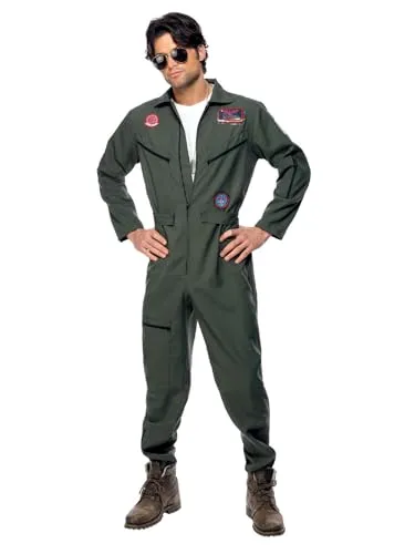 Smiffys Top Gun Kostüm für Herren, XL - Kostüm-Outfit für Erwachsene, inkl. Overall, Namensschild und Sonnenbrille, ideal für Karneval und Themenpartys, einfaches An- und Ausziehen dank Reißverschluss.