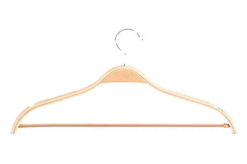 Schichtholzbügel, mit Steg, Kerbe & Gummierung, 42 cm breit in beige von goodsforbusiness GmbH