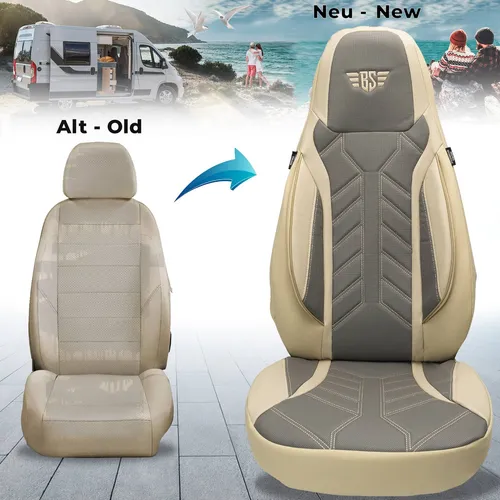 BREMER SITZBEZÜGE für Fiat Ducato Jumper Boxer, 2-tlg. Set in Beige/Grau - Hochwertige Schonbezüge aus Kunstleder und Lakoste-Gewebe für Fiat Ducato, langlebig, pflegeleicht und atmungsaktiv. Einfache Montage mit Klettsystem und großzügigen Taschen für Stauraum.