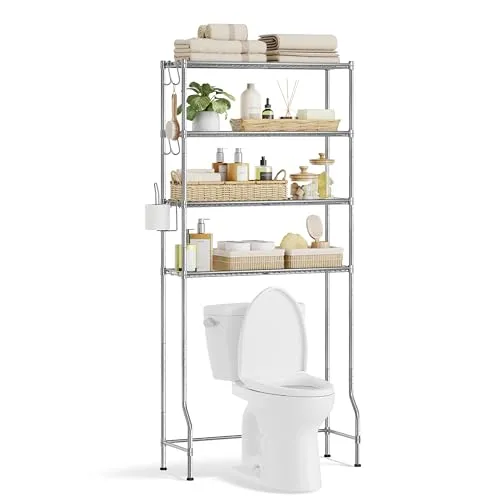 SONGMICS 4-stöckiges Toilettenregal, Badezimmerregal, Waschmaschinenregal, verstellbare Ablagen, mit Haken, Toilettenpapierhalter, platzsparend, 30 x 83 x 176 cm, Taubengrau BTS023G01