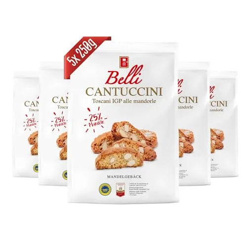 Belli Cantuccini 5er Pack alle mandorle - Mandelgebäck aus Italien - Italienisches Mandelgebäck mit 25% Mandeln, ideal zu Wein, Tee oder Kaffee. Traditionell handgefertigt für einzigartigen Geschmack und perfekten Biss.