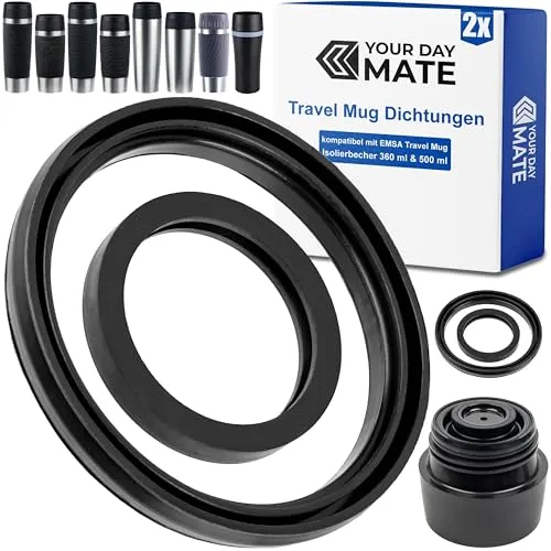 Ersatz Dichtringe Set, 2 Sätze, kompatibel mit EMSA TRAVEL MUG 360 ml Classic, 500 ml Grande, mit Komfort-Schraubverschluss und Vorgängermodell, aus Lebensmittel-Silikon, Isolierbecher Dichtungen Kit