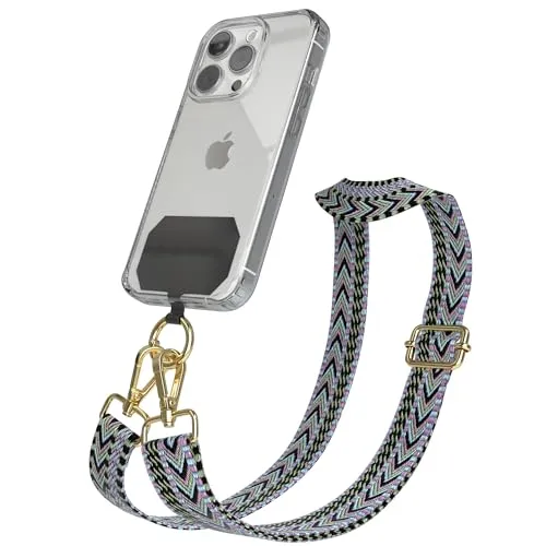 EAZY CASE - Handykette Universal zum Umhängen kompatibel mit jedem Handy Kette mit Hülle kombinierbar Handykordel mit Karabiner für Handyhülle Handyband zum Umhängen Bunt Boho Kordel Lila Grün Gold