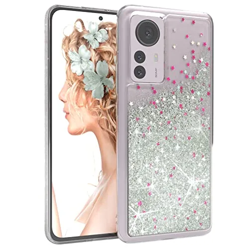 EAZY CASE Hülle kompatibel mit Xiaomi 12 Pro Schutzhülle mit Flüssig-Glitzer, Handyhülle, Schutzhülle, Back Cover mit Glitter Flüssigkeit, TPU/Silikon, Transparent/Durchsichtig, Silber