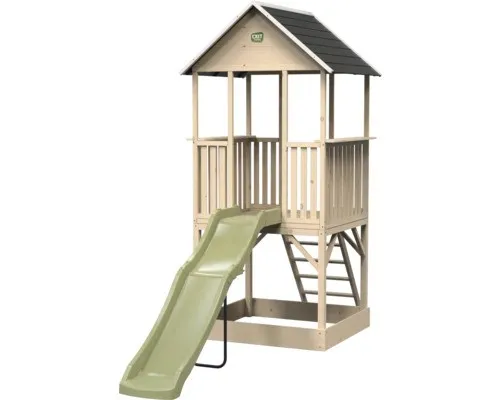EXIT Panorama 500 Holzspielhaus mit Rutsche und Sandkasten - Spielhäuser & Spieltürme – Großer Spielspaß auf Stelzen mit Rutsche und integriertem Sandkasten für unvergessliche Abenteuer im Garten.