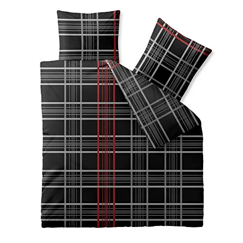 CelinaTex Fashion Bettwäsche 200x200 cm 3teilig Baumwolle, Bettgarnitur für Sommer und Winter, Ganzjährig, Bettbezug, Bettenset, Schöner Wohnen Bianca Kariert Schwarz Grau Rot