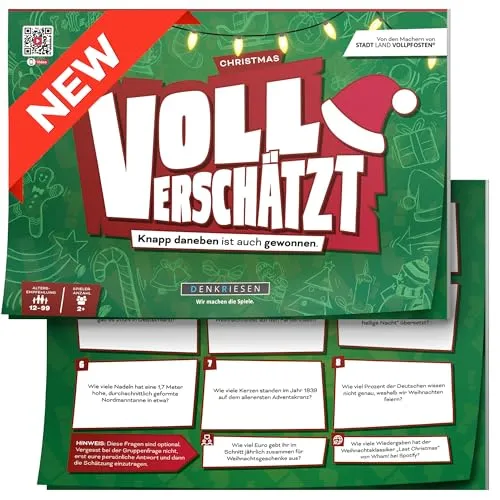 DENKRIESEN - VOLL VERSCHÄTZT! Christmas Edition | Ab 12 Jahren & 350 weihnachtliche Fragen | Schätzspiel & Weihnachtsspiel | Geschenkidee | Ohne Internet spielbar | Antworten auf dem Block