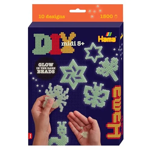 Hama Perlen 3414 Geschenk-Set Nachtleuchtend mit ca. 1.500 Midi Bügelperlen mit Durchmesser 5 mm, Motivvorlage und 3 Stiftplatten, inkl. Bügelpapier, kreativer Bastelspaß für Groß und Klein