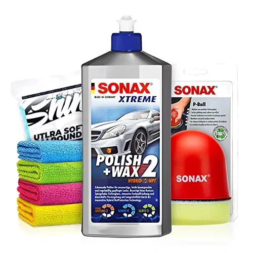 Politurset: SONAX XTREME Polish + Wax 2 Hybrid NPT (500ml) Auto Politur mit Hybrid NetProtection + Applikator + Mikrofasertücher | mühelos zum perfekten Polierergebnis | 6-teilig