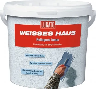 Lugato Weisses Haus Reibeputz 3 mm - Innen 20 kg - Baumaterial für Innenräume, ideal für glatte Oberflächen und hervorragende Verarbeitungseigenschaften.