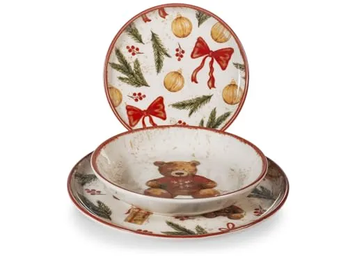 H&H Teddy Hugs 18-teiliges Weihnachtsgeschirr aus Steingut