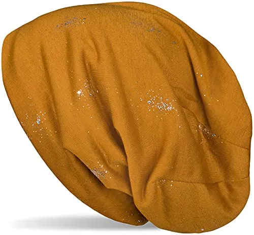 styleBREAKER Damen Beanie Mütze mit Glitzer und Pailletten Punkte, Slouch Stoff Longbeanie 04024145, Farbe:Cognac