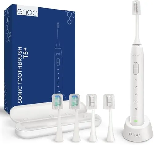 ENOA Aufladbare Sonic Zahnbürste, 3 Intensitätsstufen, 5 Programme, Smart Timer, IPX7 Wasserdicht, Reiseetui, 5 Ersatzbürstenköpfe