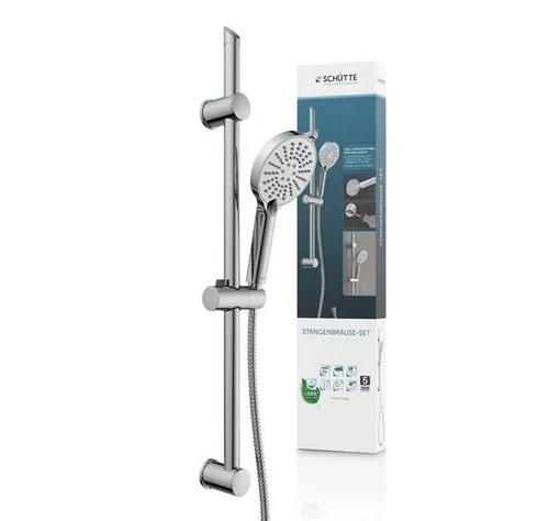 SCHÜTTE Stangenbrause-Set, Chrom, zum Kleben - Bad- & Duscharmaturen mit innovativer Wasserstopp-Funktion zum Energiesparen und einfacher Montage ohne Bohren – ideal für Renovierungen!