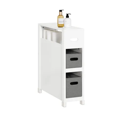SoBuy Wäscheschrank Weiß, 20x70x60 cm - Badregal mit 2 Stoffkörben und offenem Fach, ideal für Toilettenpapier und Kleinigkeiten, schützt durch Silikonfüße vor Feuchtigkeit und Kratzern.