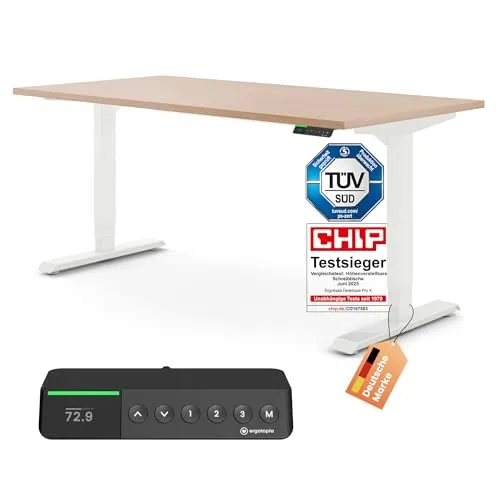 Ergotopia Desktopia Pro X - Elektrisch höhenverstellbarer Schreibtisch für Büro und Home Office - Ergonomischer Stehtisch (Buche, Gestell Weiß, 120 x 80 cm) mit stufenloser Höhenverstellung, flüsterleisen Motoren und innovativem OLED-Handset für individuelle Einstellungen und Bewegungserinnerungen.