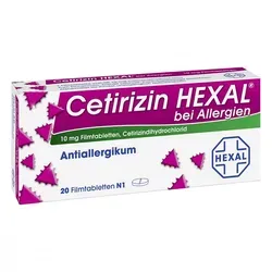 Cetirizin Hexal bei Allergien 20 ST - Arzneimittel zur Linderung von Allergiesymptomen, ideal bei saisonaler und ganzjähriger allergischer Rhinitis sowie Nesselsucht. Schnelle Wirkung dank des bewährten Wirkstoffs Cetirizindihydrochlorid.