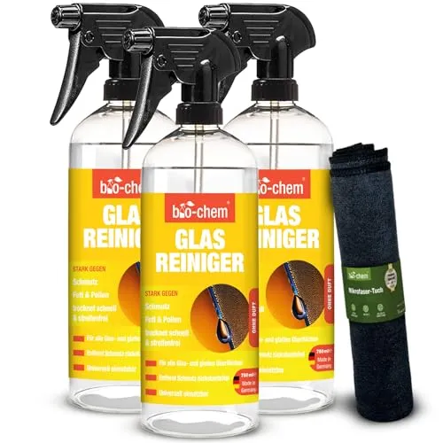 bio-chem Glasreiniger Hochglanzreiniger für streifenfreien Glanz | 3x 750 ml + Mikrofasertuch - 💥 PERFEKTER GLANZ: Effektives Reinigungsmittel für streifenfreie Sauberkeit auf Glasflächen, Spiegeln und lackierten Oberflächen. Entfernt mühelos Schmutz und hinterlässt einen brillanten Glanz. ✅ SPARSAM: Hohe Konzentration sorgt für optimale Reinigungsergebnisse mit wenig Produkt.