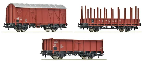 ROCO Set von 3 zweiachsigen Wagen – 1 geschlossener & 2 offene