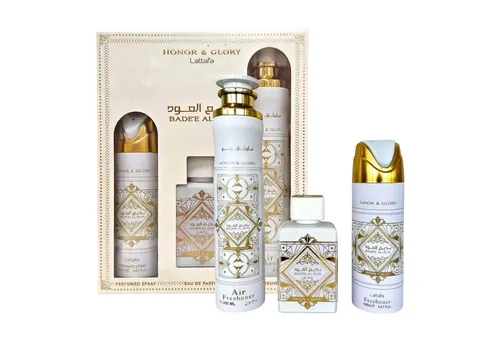 Lattafa Badee Al Oud Honor & Glory Geschenkset – Luxuriöses Eau de Parfum - Eau de Parfum Geschenkset mit 100 ml Duft, 200 ml Deospray und 300 ml Raumspray. Erleben Sie orientalische Gourmand-Düfte mit verführerischen Noten von Ananas und Vanille – das ideale Geschenk für besondere Anlässe.