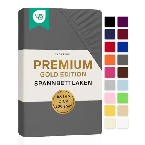 Jacobson Premium Spannbettlaken 200 g/m² Jersey Baumwolle mit Elasthan (90x200-100x200 cm, Anthrazit)