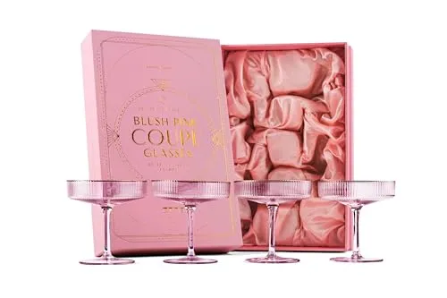 Vintage Art Deco Coupe Gläser Set in Zartem Rosa mit Goldrand - Martinigläser im Art-Deco-Stil, ideal für Cocktails wie Champagner und Cosmopolitan. Handgeblasen aus feinstem Kristallglas, perfekt verpackt in einer eleganten Geschenkbox.