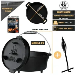 HELO24 Feuertopf Dutch Oven Set Gusseisen Deckelheber Schmortopf Kochbuch 9.5L - F5, Gusseisen 9.5 l | Ø 30 cm
