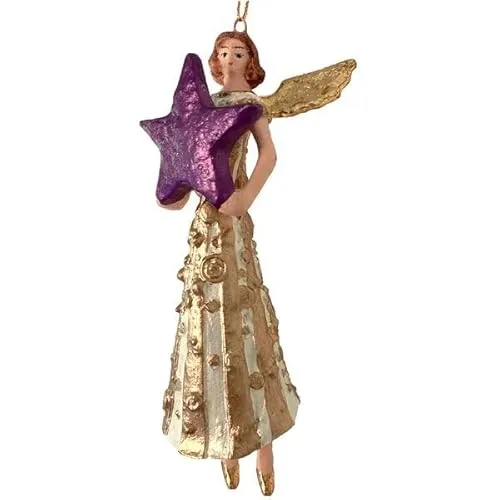 Engel groß Weihnachten Baumschmuck Figur Deko Hänger Christbaumschmuck Ornament 15 cm (Creme-Gold mit lila Stern)