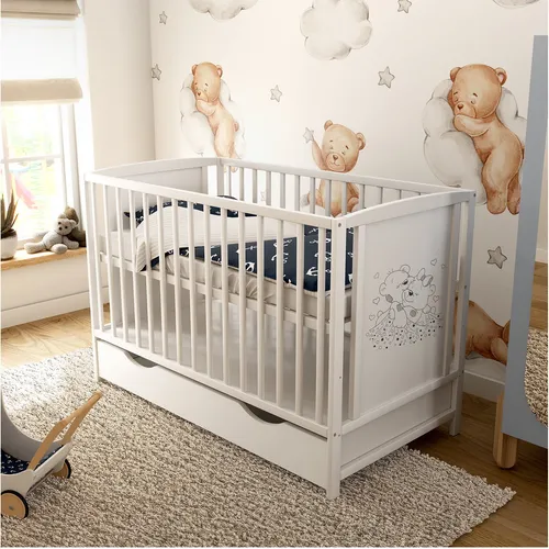 Baby-Delux Babybett Gitterbett Mia 120x60 Weiß Bärchen mit Schublade Kokos-Buchweizen Matratze