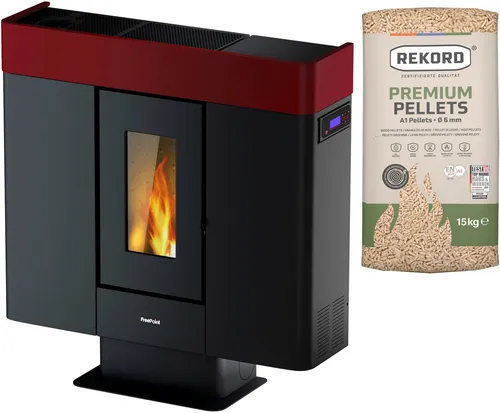 FREEPOINT Pelletofen MOON in Bordeaux - Effizienter Kaminofen mit 10 kW Heizleistung, WiFi-Steuerung und eleganter Stahlverkleidung. Ideal für gemütliche Wärme in Ihrem Zuhause.