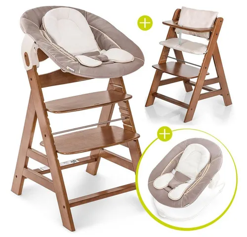 Hauck Hochstuhl Alpha Plus Walnut - Newborn Set (Set, 4 St), Holz Babystuhl ab Geburt inkl. Aufsatz für Neugeborene & Sitzauflage