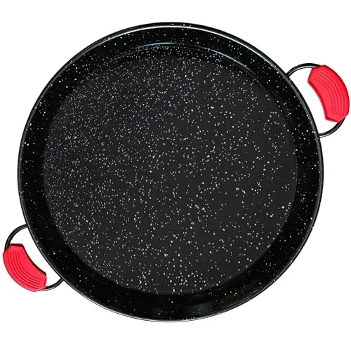 briebe Emaillierte Paellapfanne Valencianische 38 cm - Pfannen für bis zu 8 Portionen Paella, aus emailliertem Stahl für optimale Wärmeleitung und Langlebigkeit, inklusive abnehmbaren Silikongriffen für sicheren Halt.