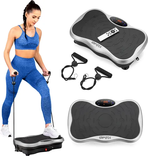 Gymtek® Vibrationsplatte Vibrotrainer - bis 180kg - 5 Ausbildungsprogramme, 99 Stufen - 2 Expanderbänder - Bluetooth, Fernbedienung, LCD, Lautsprecher